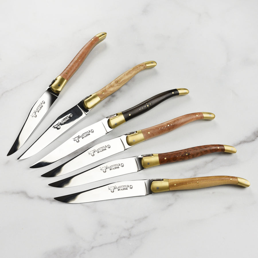 Set of 6 laguiole steak knives with olive wood handle and stainless steel  bolsters