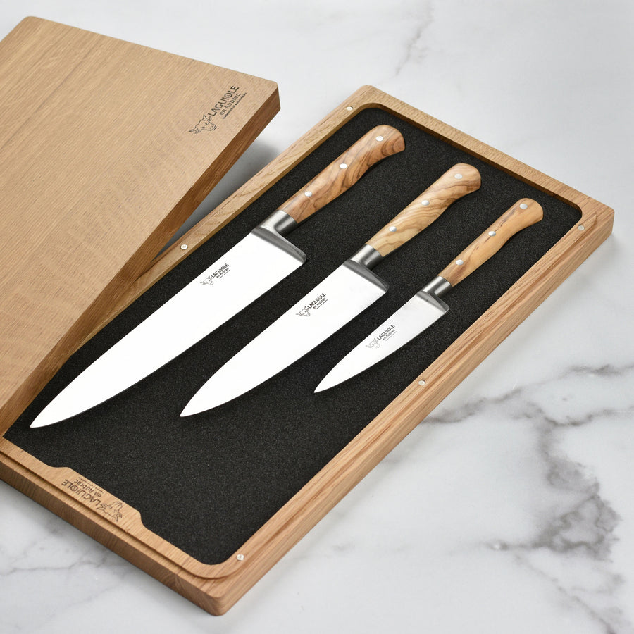 Laguiole en Aubrac 3 Piece Stainless Steel Knife Set with Olive Wood Handles