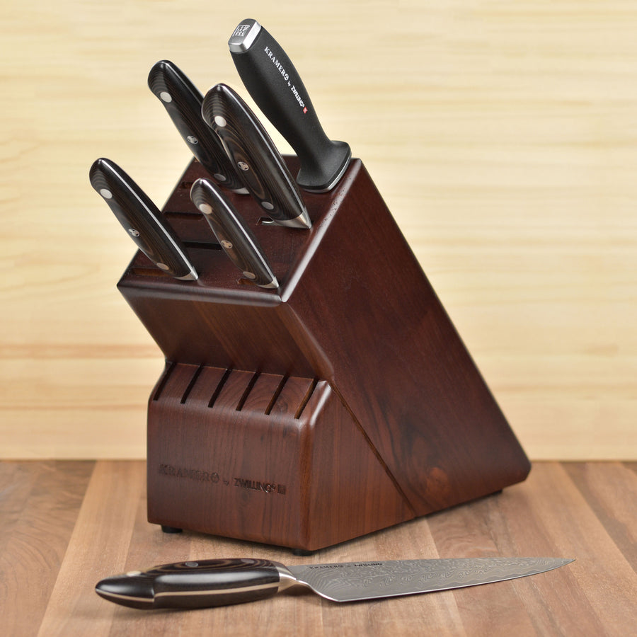 Damascus knife block set, 7 pieces, knife block with wooden block