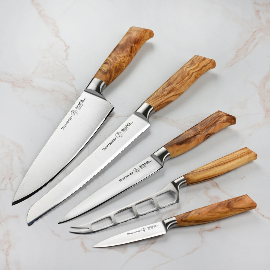 Messermeister Oliva Elite 6-Piece Magnet Block Set - Includes Chef's,  Bread, Cheese & Tomato, Utility & Paring Knife + Magnet Block