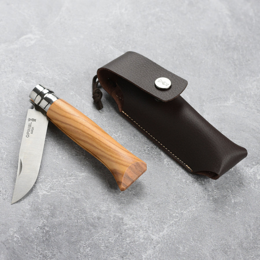 Opinel No. 8 Olive Wood Handle Stainless Folding Knife with Sheath