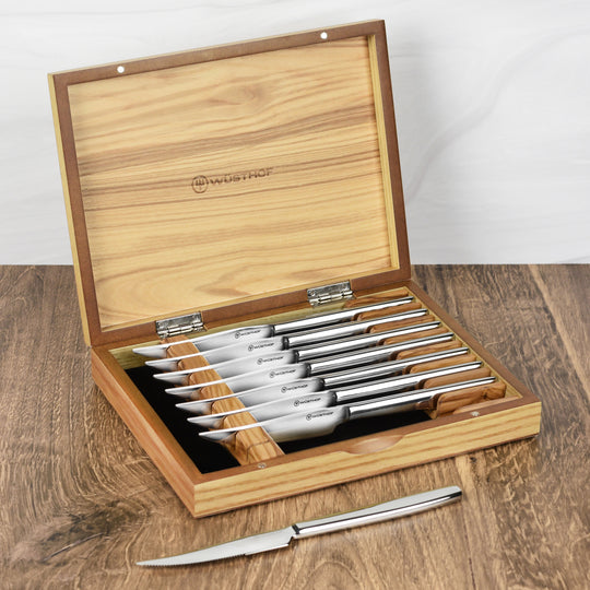 Wusthof 8 Piece Stainless Steel Steak Knife Set with Olivewood Case