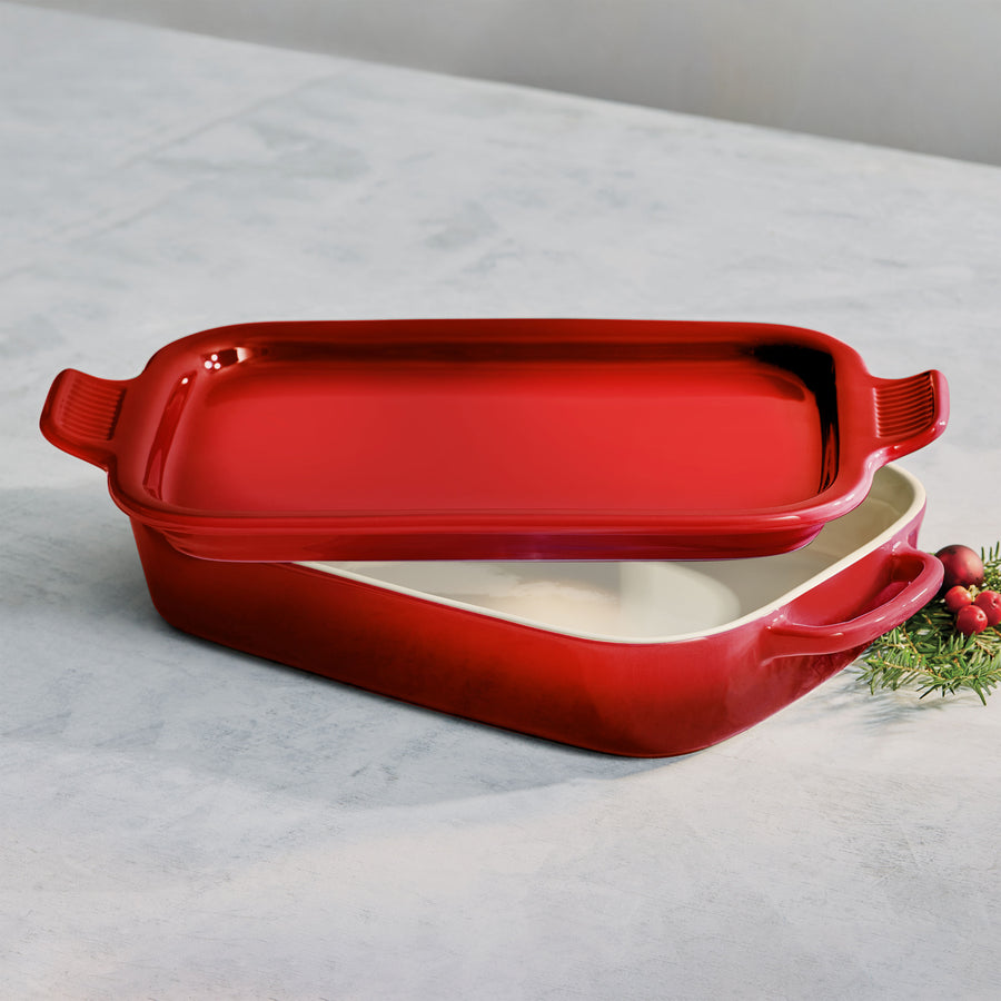 Le Creuset Stoneware Rectangular Dish with Platter Lid, 14 3/4 x 9, Cherry Red