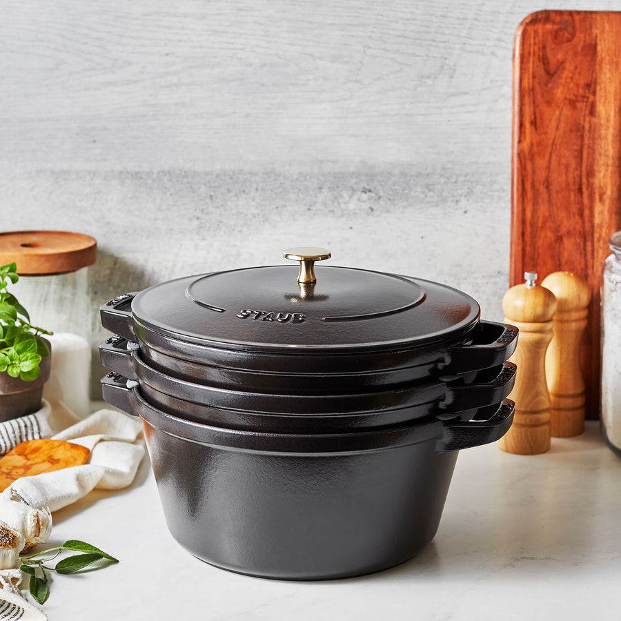 Stackable Dutch Oven, Braiser, and Grill Pan with Lid - Black, Staub
