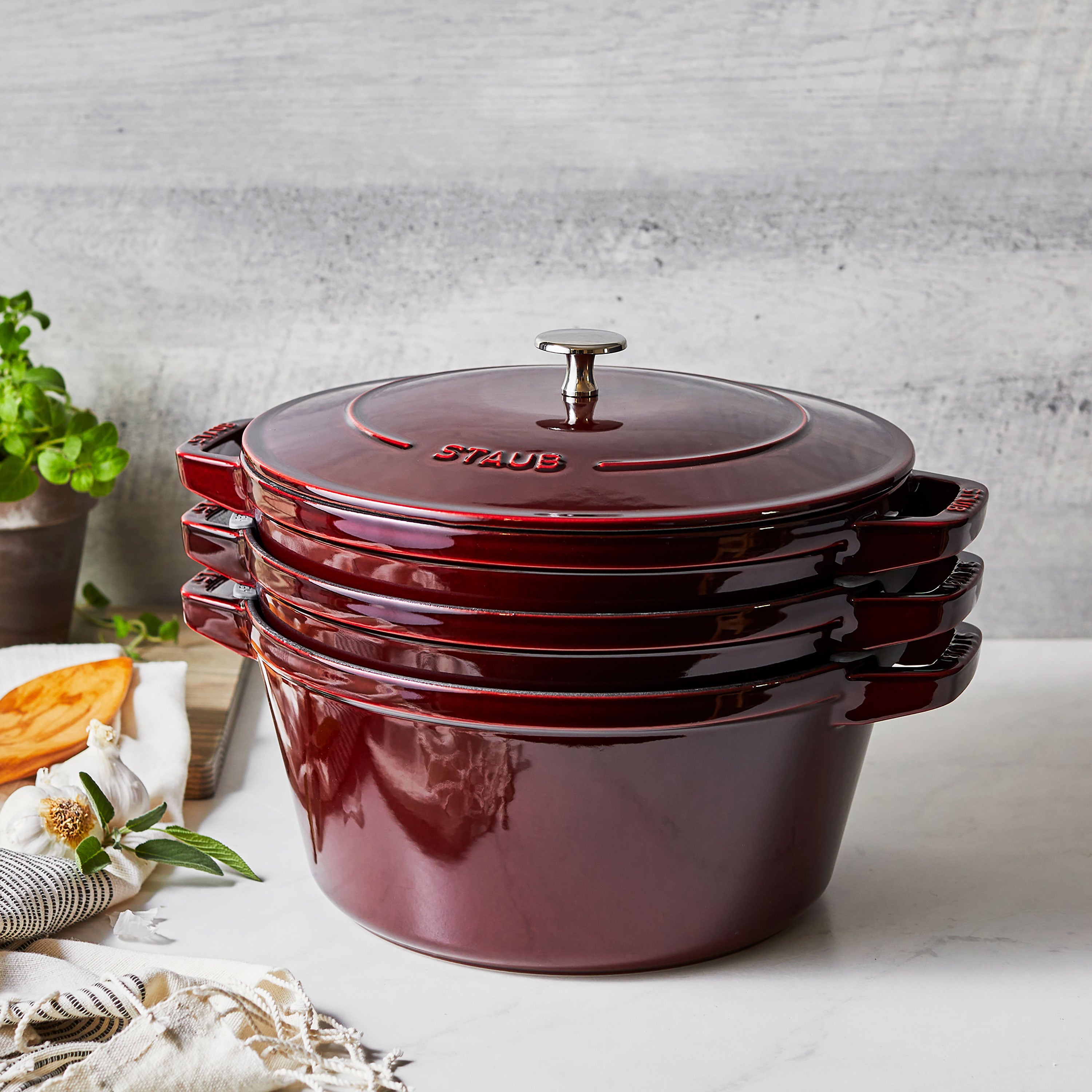 Staub Stackable Cast Iron Cookware Set - 4 Piece Grenadine – Cutlery ...