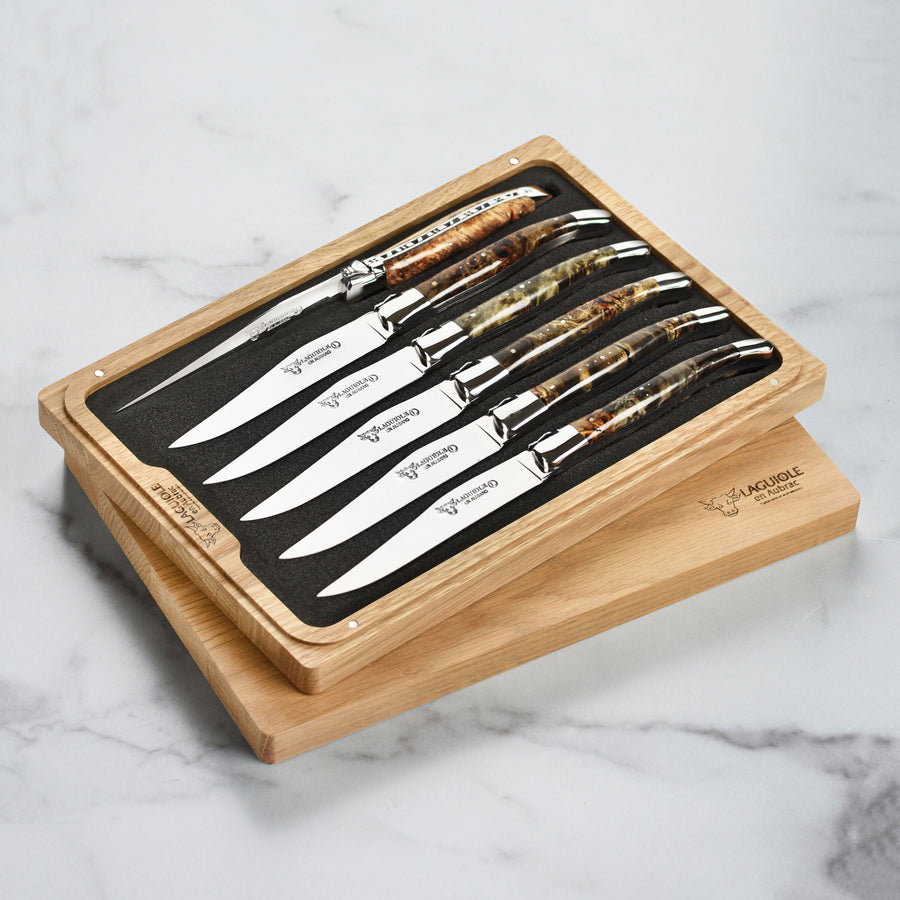 Laguiole en Aubrac 6 Piece Stainless Steel Steak Knife Set with Black Poplar Burl Wood Handles