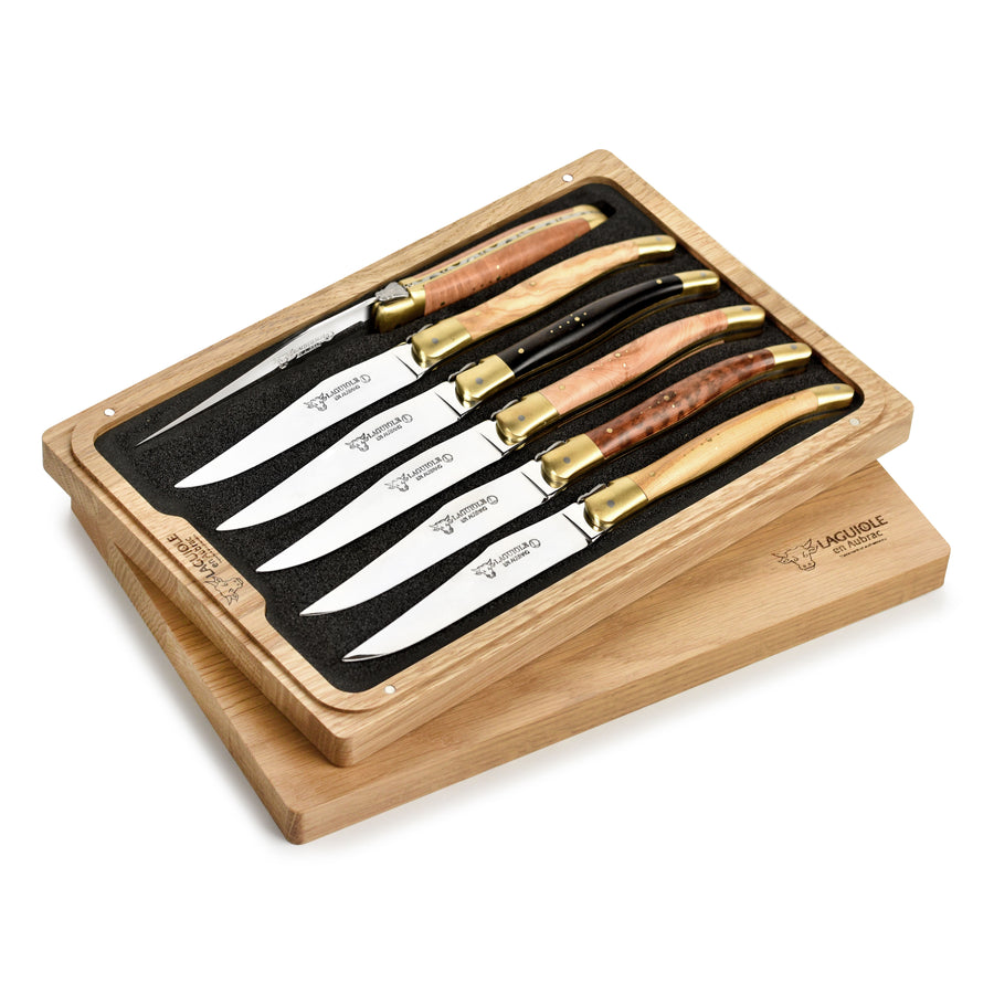 Laguiole en Aubrac 6 Piece Steak Knife Set with Burl Mixed Wood Handles & Brass Bolsters