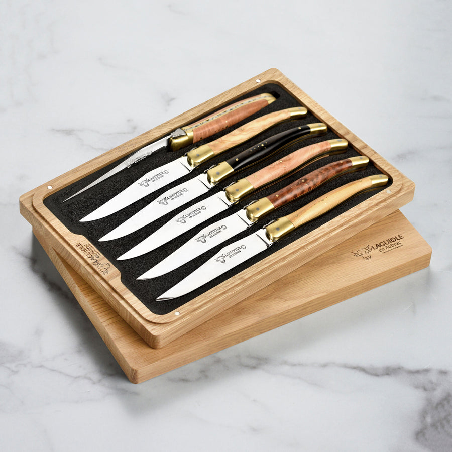 Laguiole en Aubrac 6 Piece Steak Knife Set with Burl Mixed Wood Handles & Brass Bolsters
