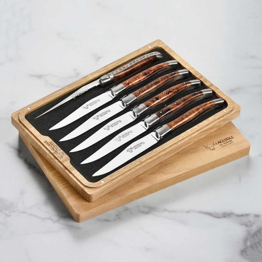 Laguiole en Aubrac 6 Piece Stainless Steel Steak Knife Set with Desert Iron Wood Burl Handles