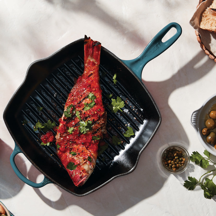 Le Creuset Signature Cast Iron 10.25" Deep Teal Square Grill Pan