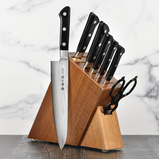 Tojiro Classic Damascus 8 Piece Acacia Slim Knife Block Set