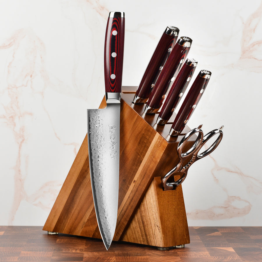 7 Pc Stainless Steel Kitchen Knife Set With Wooden Block & Scissors - Black