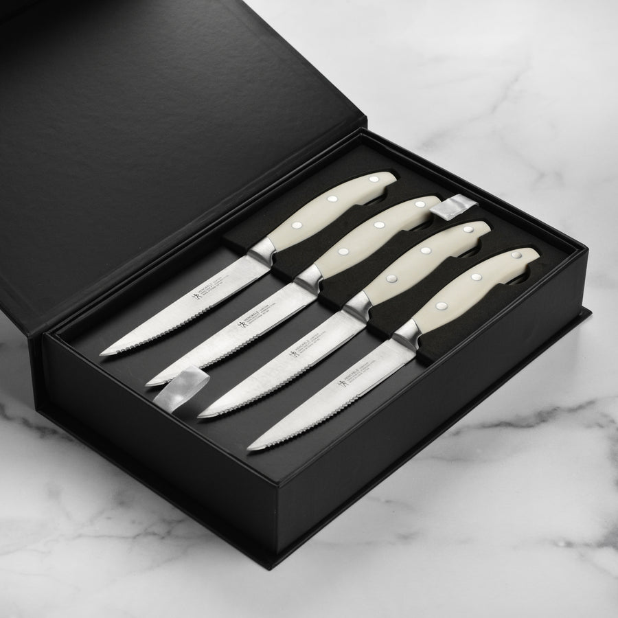 Henckels 8 Piece Forged Serrated Steak Knife Set with Gift Box, Off-White Handles