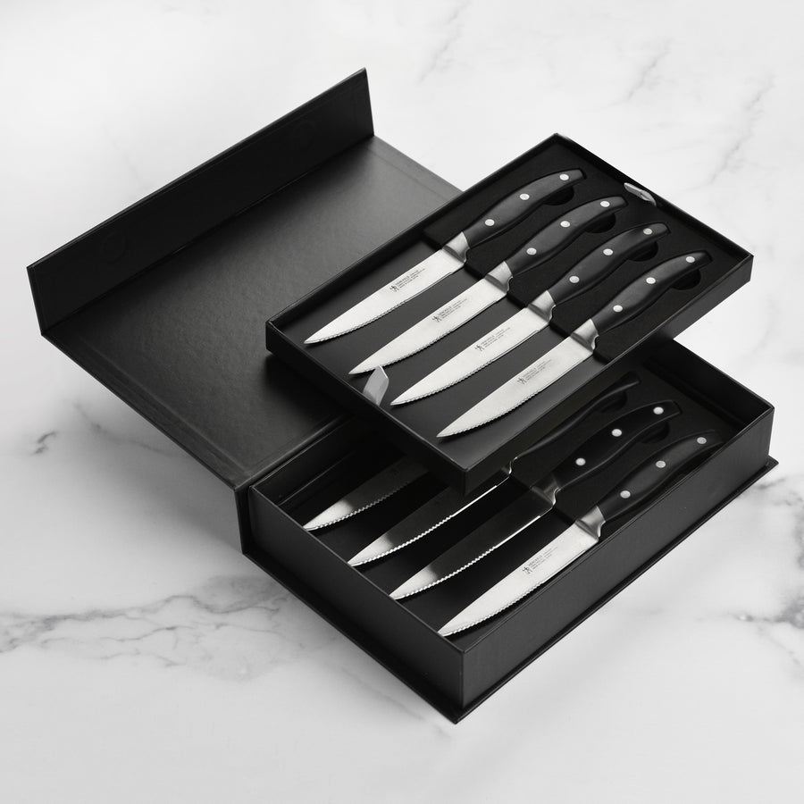 Henckels 8 Piece Forged Serrated Steak Knife Set with Gift Box, Black Handles