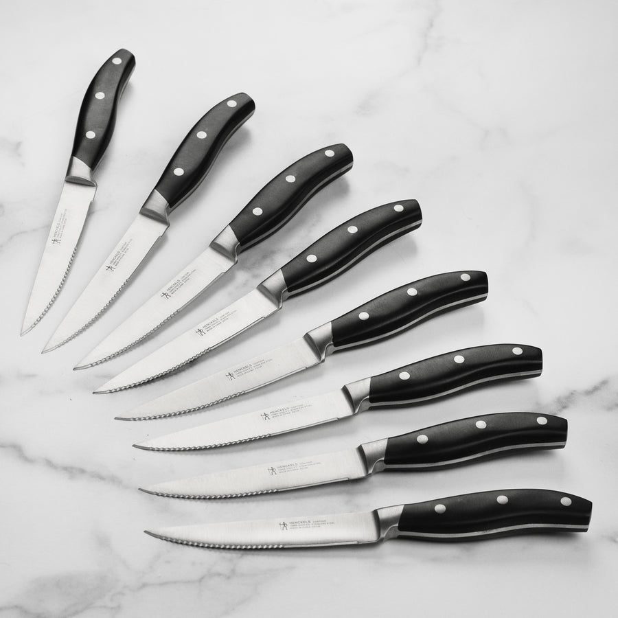 Henckels 8 Piece Forged Serrated Steak Knife Set with Gift Box, Black Handles