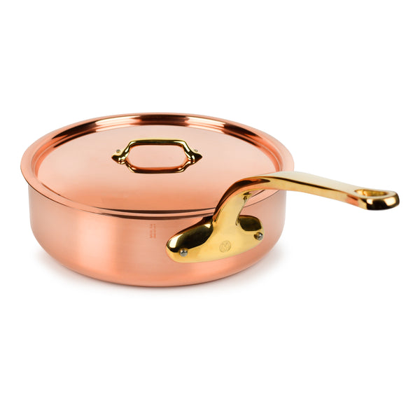 Mauviel M'200 B Copper Curved Splayed Saute Pan with Lid, Brass Handle, 2.1-qt