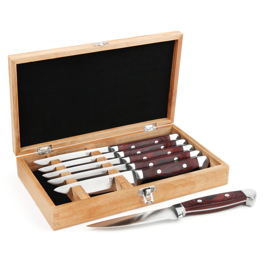 Viking 6 Piece Red Pakkawood Serrated Steak Knife Set with Presentation Case